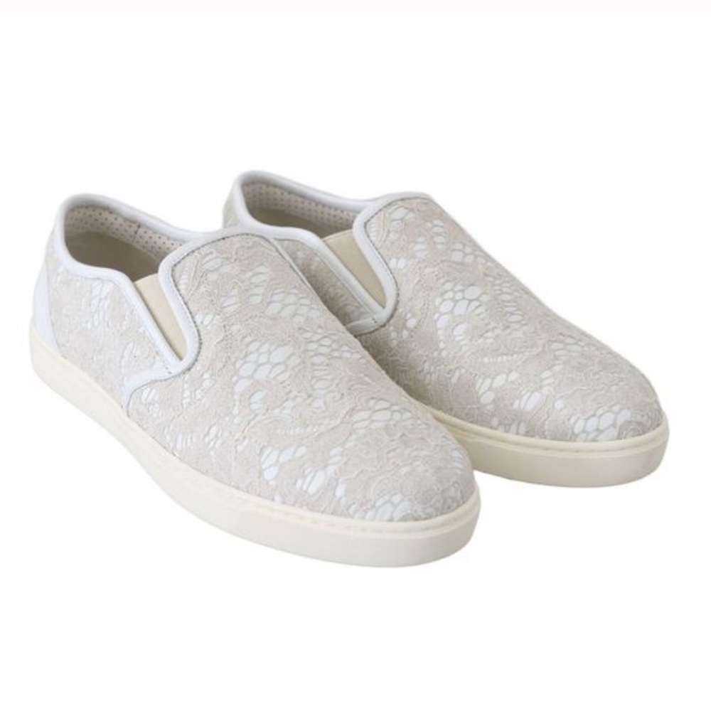 Dolce & Gabbana White Leather Lace Slip On Loafers Sneakers